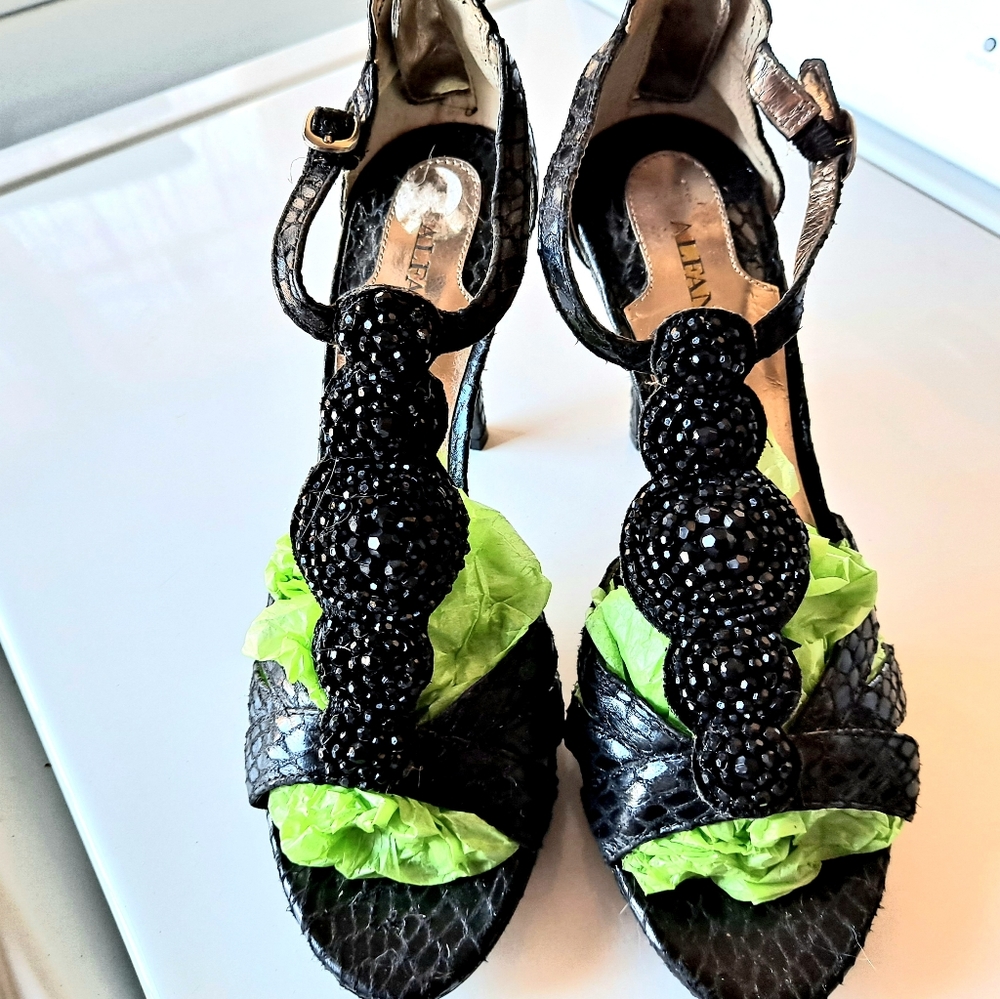 Black T-Strap Beaded High Heels